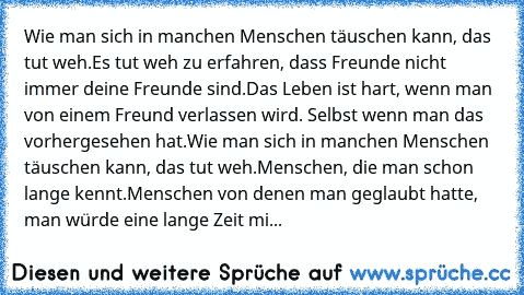 Wie man sich in manchen Menschen täuschen kann, das tut weh.
Es tut weh zu erfahren, dass Freunde nicht immer deine Freunde sind.
Das Leben ist hart, wenn man von einem Freund verlassen wird.
 Selbst wenn man das vorhergesehen hat.
Wie man sich in manchen Menschen täuschen kann, das tut weh.
Menschen, die man schon lange kennt.
Menschen von denen man geglaubt hatte, man würde eine lange Zeit mit i...