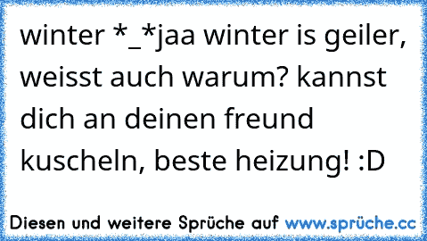 winter *_*
jaa winter is geiler, weisst auch warum? kannst dich an deinen freund kuscheln, beste heizung!♥ :D