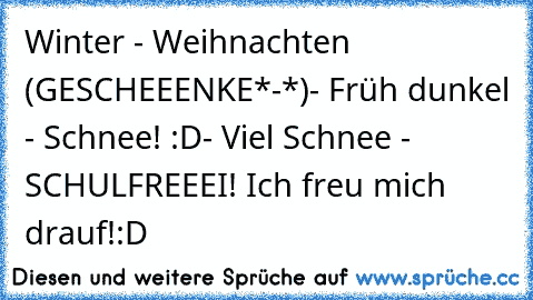 Winter ♥
- Weihnachten (GESCHEEENKE*-*)
- Früh dunkel ♥
- Schnee! :D
- Viel Schnee - SCHULFREEEI! ♥
Ich freu mich drauf!:D