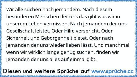 Wir alle suchen nach jemandem. Nach diesem besonderen Menschen der uns das gibt was wir in unserem Leben vermissen. Nach jemandem der uns Gesellschaft leistet. Oder Hilfe verspricht. Oder Sicherheit und Geborgenheit bietet. Oder nach jemanden der uns wieder lieben lässt. Und manchmal wenn wir wirklich lange genug suchen, finden wir jemanden der uns alles auf einmal gibt.