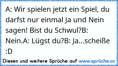 A: Wir spielen jetzt ein Spiel, du darfst nur einmal Ja und Nein sagen! Bist du Schwul?
B: Nein.
A: Lügst du?
B: Ja...scheiße :D