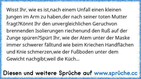 Wisst Ihr, wie es ist,
nach einem Unfall einen kleinen Jungen im Arm zu haben,
der nach seiner toten Mutter fragt?
Könnt Ihr den unvergleichlichen Geruch
von brennenden Isolierungen riechen
und den Ruß auf der Zunge spüren?
Spürt Ihr, wie der Atem unter der Maske immer schwerer fällt
und wie beim Kriechen Handflächen und Knie schmerzen,
wie der Fußboden unter dem Gewicht nachgibt,
weil die Küch...