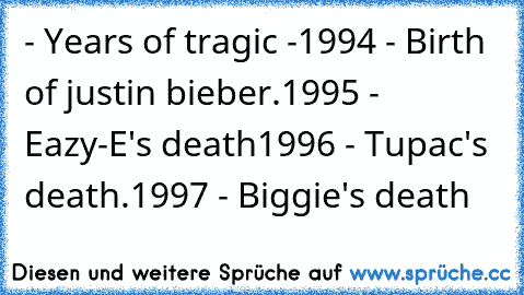 - Years of﻿ tragic -
1994﻿ - Birth of justin bieber.
1995 - Eazy-E's﻿ death
1996﻿ - Tupac's death.
1997 - Biggie's death