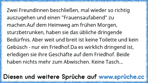 Zwei Freundinnen beschließen, mal wieder so richtig auszugehen und einen "Frauensaufabend" zu machen.
Auf dem Heimweg am frühen Morgen, sturzbetrunken, haben sie das übliche dringende Bedürfnis. Aber weit und breit ist keine Toilette und kein Gebüsch - nur ein Friedhof.
Da es wirklich dringend ist, erledigen sie ihre Geschäfte auf dem Friedhof. Beide haben nichts mehr zum Abwischen. Keine Tasch...