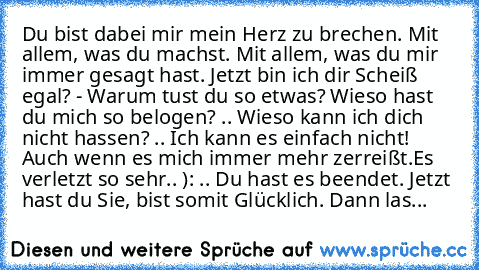 » Du bist dabei mir mein Herz zu brechen. Mit allem, was du machst. Mit allem, was du mir immer gesagt hast. Jetzt bin ich dir Scheiß egal? - Warum tust du so etwas? Wieso hast du mich so belogen? .. Wieso kann ich dich nicht hassen? .. Ich kann es einfach nicht! Auch wenn es mich immer mehr zerreißt.
Es verletzt so sehr.. ): .. Du hast es beendet. Jetzt hast du Sie, bist somit Glücklich. Dann ...