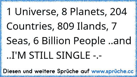 ‎1 Universe, 8 Planets, 204 Countries, 809 Ilands, 7 Seas, 6 Billion People ..
and ..
I'M STILL SINGLE -.-