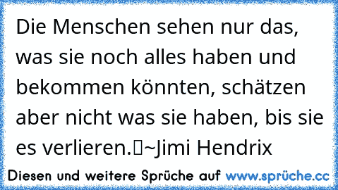 „Die Menschen sehen nur das, was sie noch alles haben und bekommen könnten, schätzen aber nicht was sie haben, bis sie es verlieren.“
~Jimi Hendrix