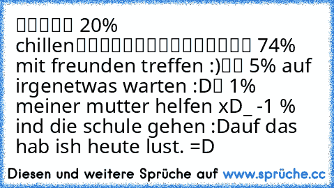 █████ 20% chillen
███████████████ 74% mit freunden treffen :)
██ 5% auf irgenetwas warten :D
█ 1% meiner mutter helfen xD
_ -1 % ind die schule gehen :D
auf das hab ish heute lust. =D