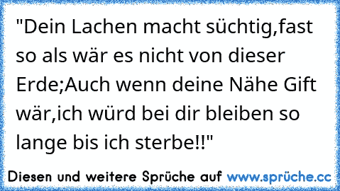 ♥ "Dein Lachen macht süchtig,
fast so als wär es nicht von dieser Erde;
Auch wenn deine Nähe Gift wär,
ich würd bei dir bleiben so lange bis ich sterbe!!" ♥